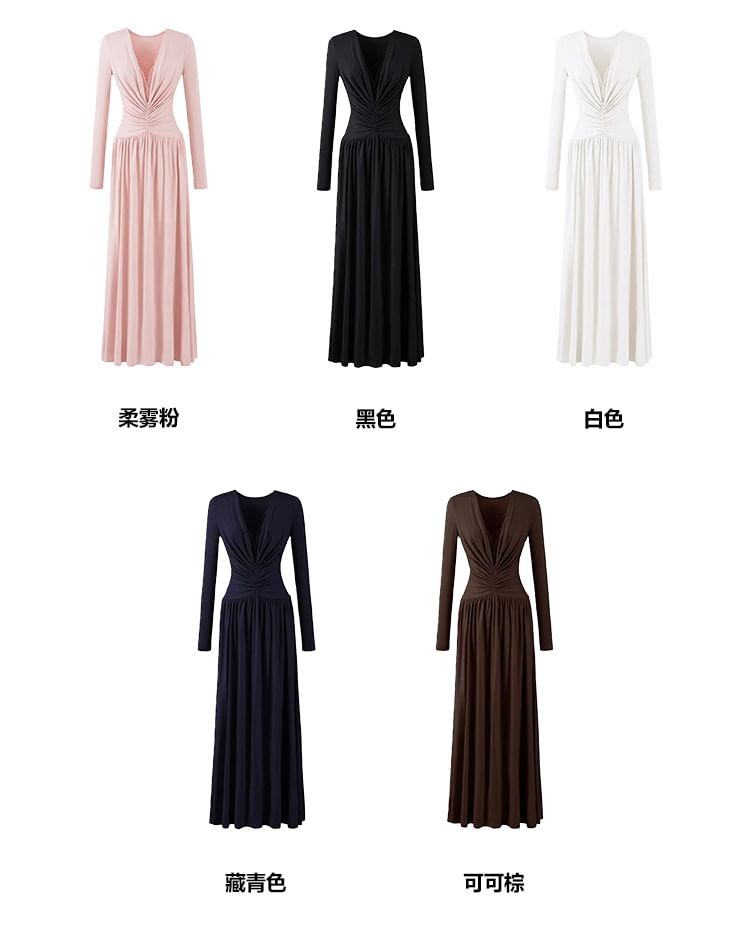 Long-Sleeve V-Neck Plain Maxi A-Line Dress
