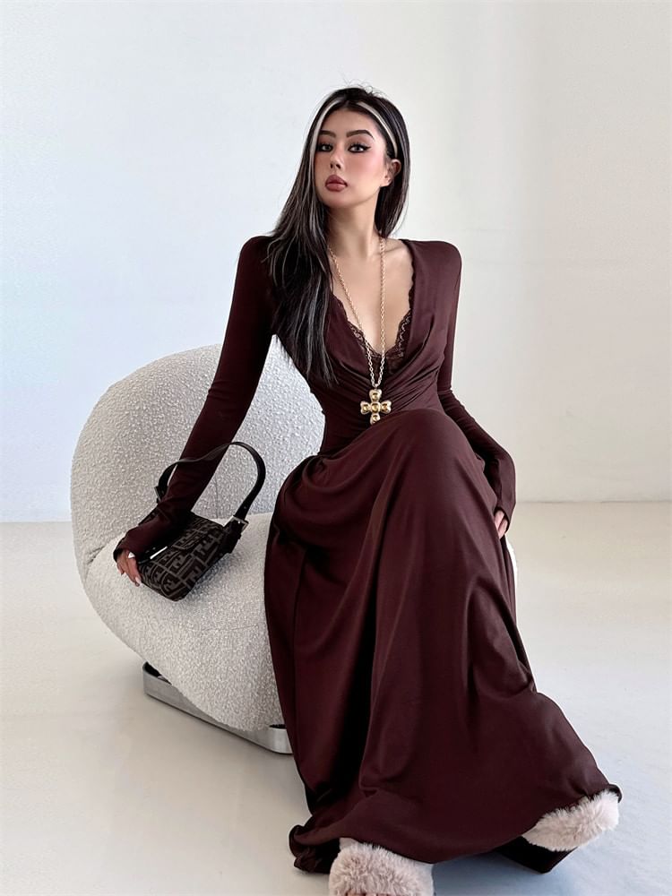 Long-Sleeve V-Neck Plain Maxi A-Line Dress