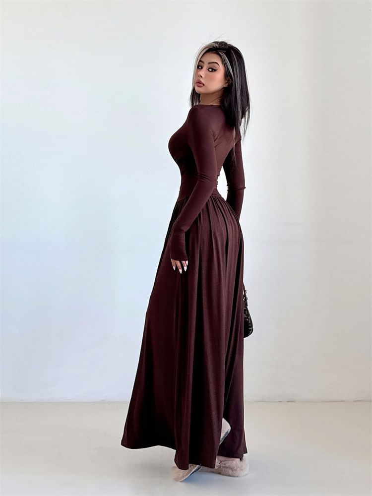 Long-Sleeve V-Neck Plain Maxi A-Line Dress