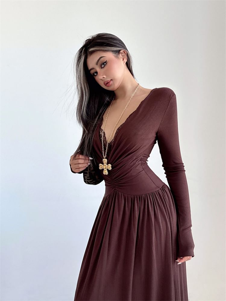 Long-Sleeve V-Neck Plain Maxi A-Line Dress
