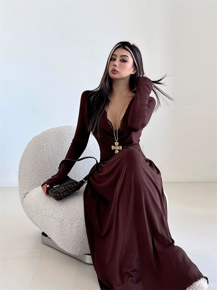 Long-Sleeve V-Neck Plain Maxi A-Line Dress