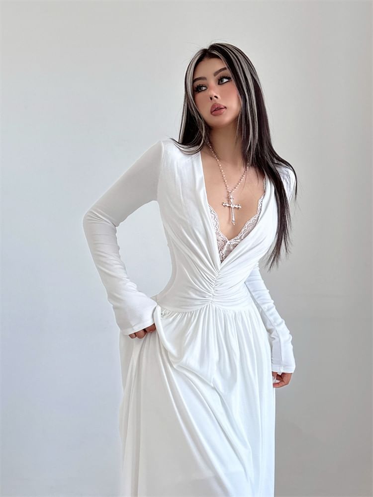 Long-Sleeve V-Neck Plain Maxi A-Line Dress