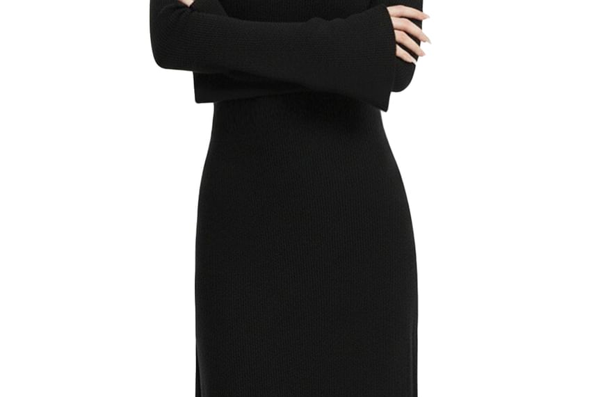 Long-Sleeve Mock Neck Plain Knit Maxi Sheath Dress
