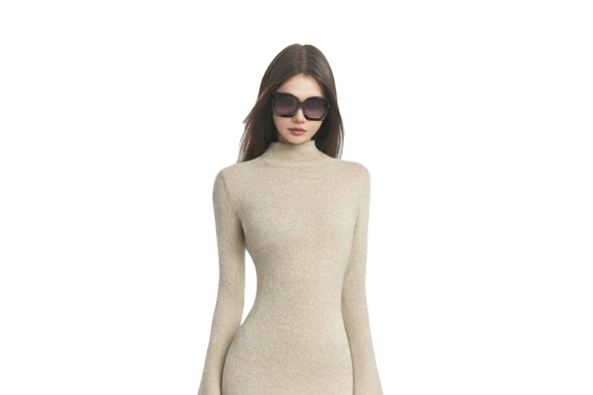 Long-Sleeve Mock Neck Plain Knit Maxi Sheath Dress