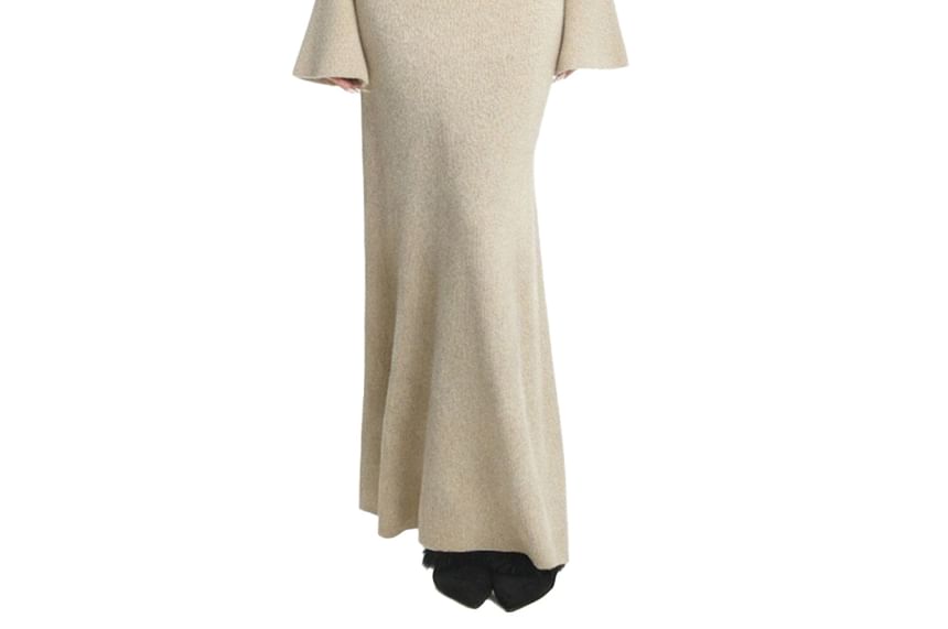 Long-Sleeve Mock Neck Plain Knit Maxi Sheath Dress