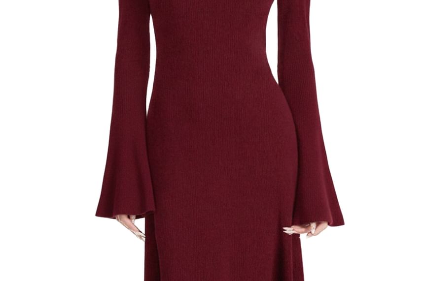 Long-Sleeve Mock Neck Plain Knit Maxi Sheath Dress