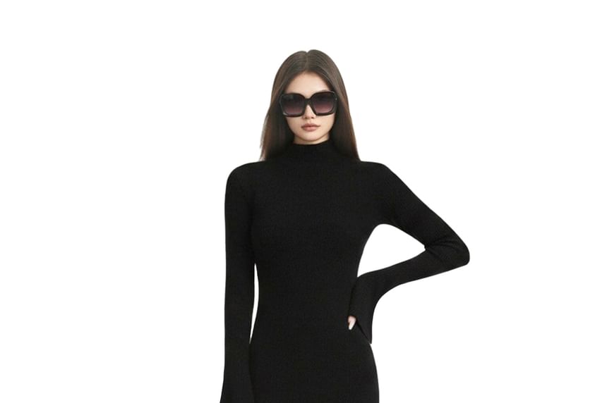 Long-Sleeve Mock Neck Plain Knit Maxi Sheath Dress
