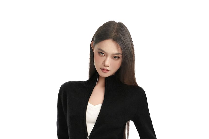 Mock Neck Zip-Up Plain Cardigan