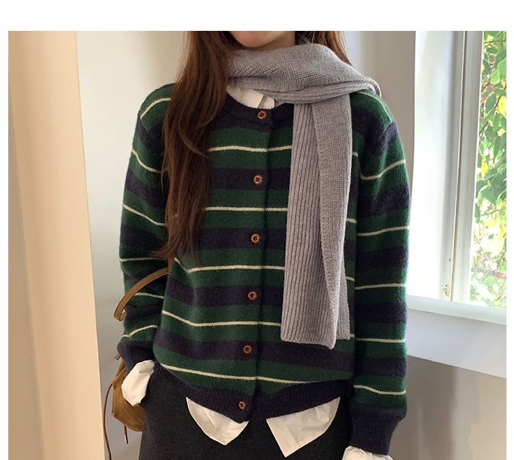Round Neck Striped Button Up Cardigan