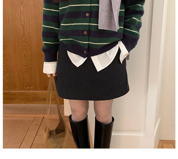 Round Neck Striped Button Up Cardigan