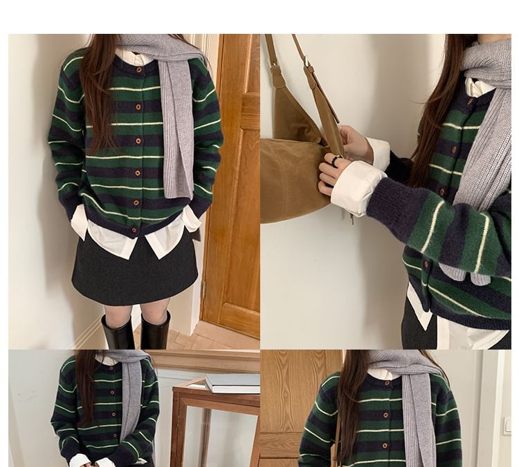 Round Neck Striped Button Up Cardigan