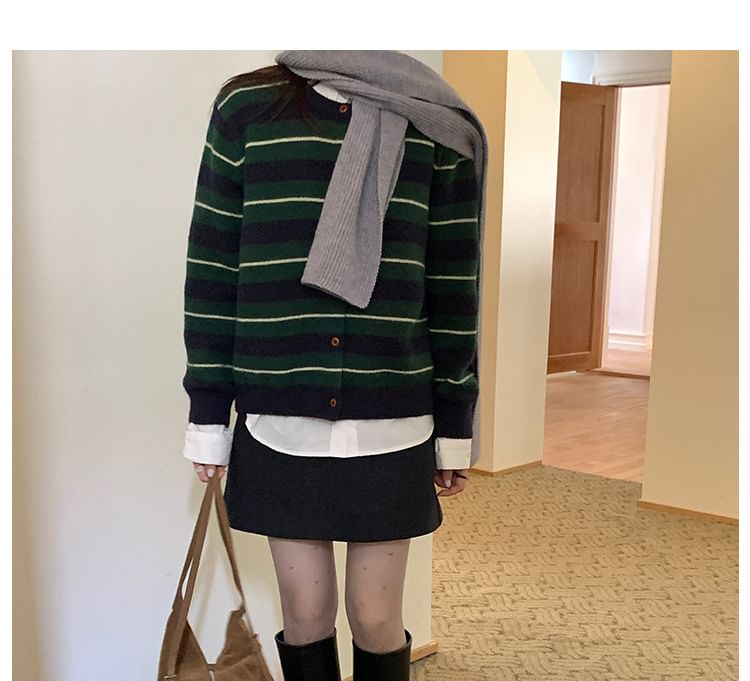 Round Neck Striped Button Up Cardigan