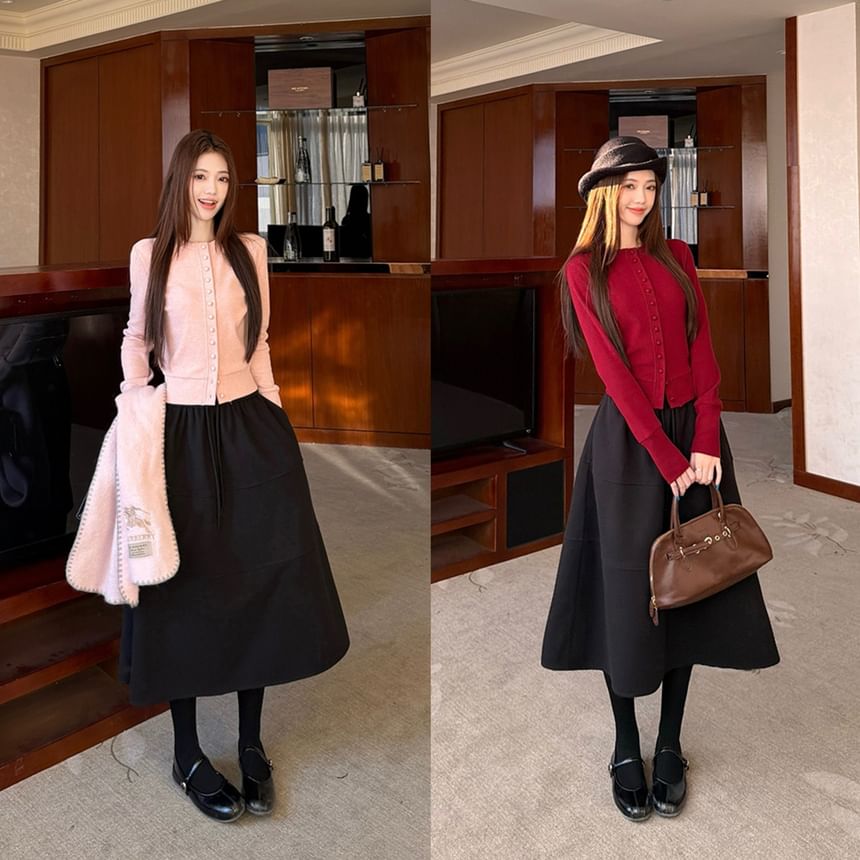 Crew Neck Button-Up Plain Crop Cardigan / High Waist Midi A-Line Skirt