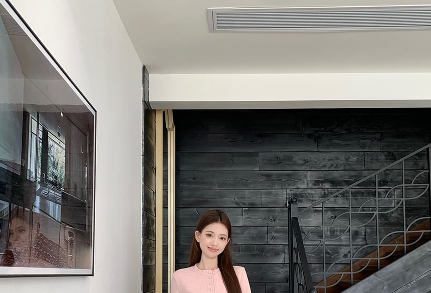 Crew Neck Button-Up Plain Crop Cardigan / High Waist Midi A-Line Skirt