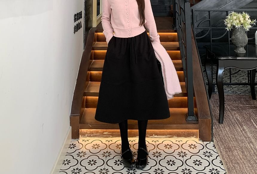 Crew Neck Button-Up Plain Crop Cardigan / High Waist Midi A-Line Skirt