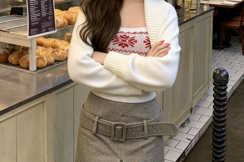 Plain Open Front Crop Cardigan / Jacquard Knit Tube Top