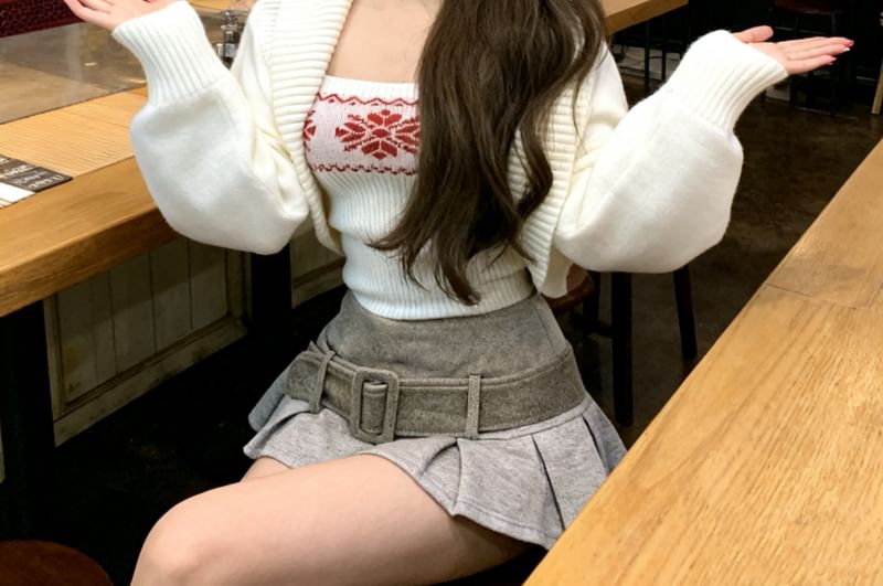 Plain Open Front Crop Cardigan / Jacquard Knit Tube Top