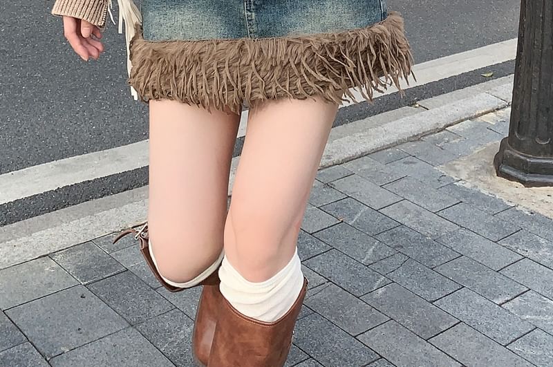 Washed Denim Mini A-Line Skirt with Fluffy Trim