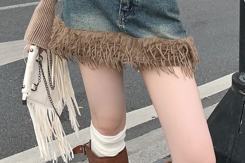 Washed Denim Mini A-Line Skirt with Fluffy Trim