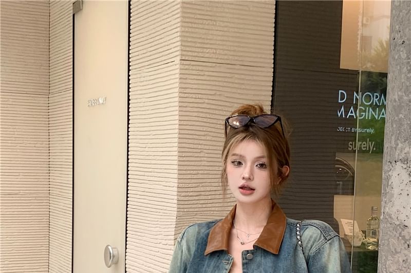 Washed Denim Button-Up Jacket with High-Rise Mini A-Line Skirt