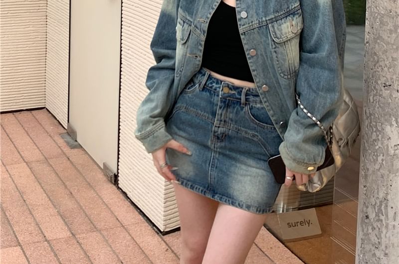 Washed Denim Button-Up Jacket with High-Rise Mini A-Line Skirt
