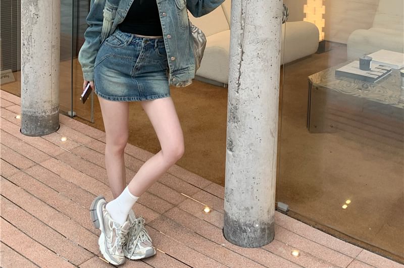 Washed Denim Button-Up Jacket with High-Rise Mini A-Line Skirt