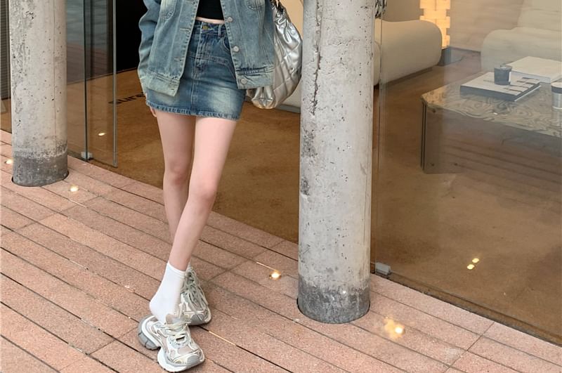 Washed Denim Button-Up Jacket with High-Rise Mini A-Line Skirt