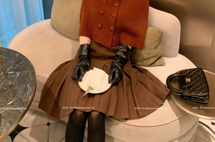 Elbow-Sleeve Collared Plain Double Breasted Crop Knit Top / High Waist Pleated Skirt