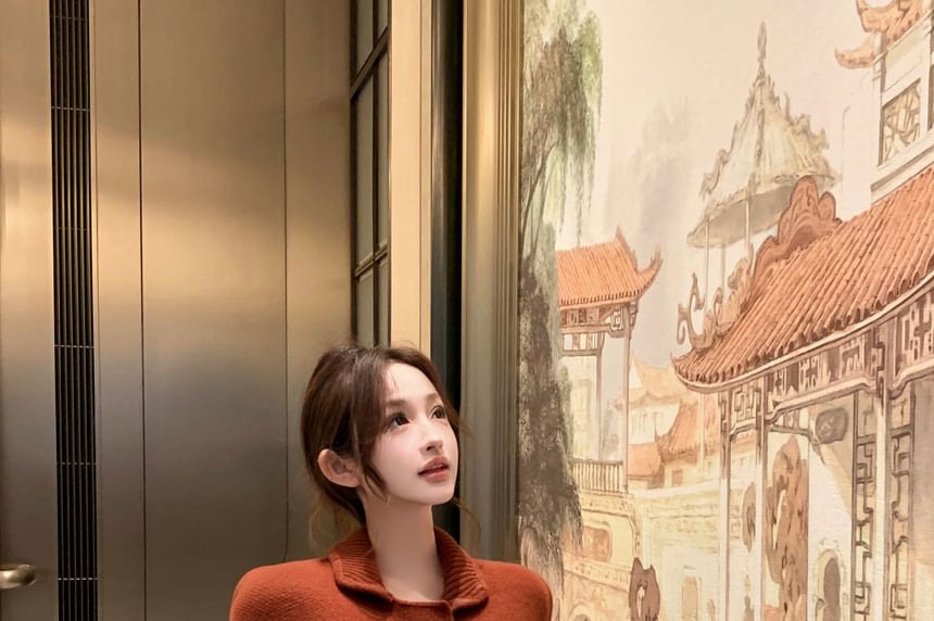 Elbow-Sleeve Collared Plain Double Breasted Crop Knit Top / High Waist Pleated Skirt