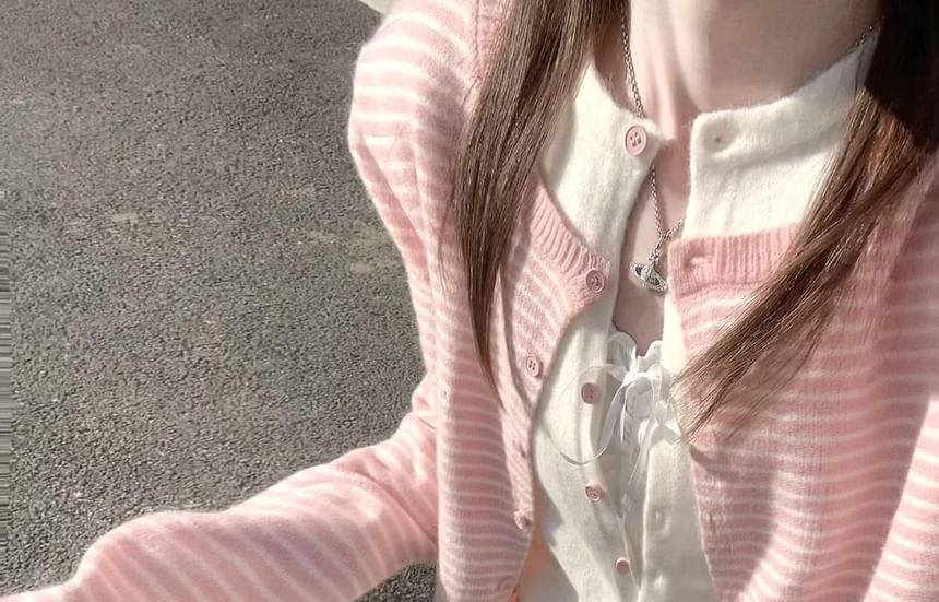 Round Neck Striped Mock Two Piece Cardigan / Ruffle Cami Top
