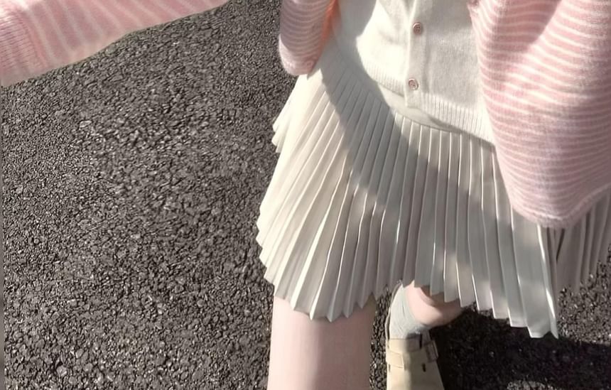 Round Neck Striped Mock Two Piece Cardigan / Ruffle Cami Top