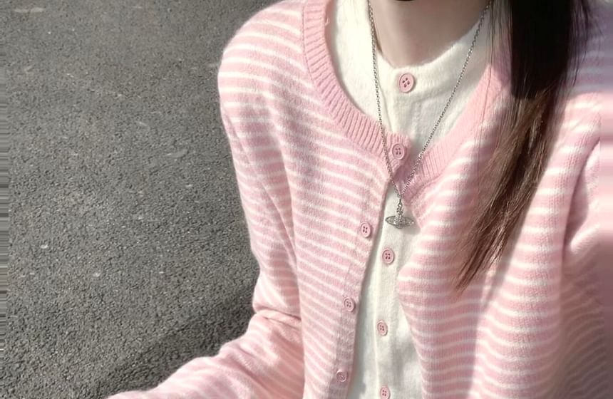 Round Neck Striped Mock Two Piece Cardigan / Ruffle Cami Top
