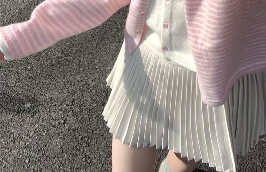 Round Neck Striped Mock Two Piece Cardigan / Ruffle Cami Top