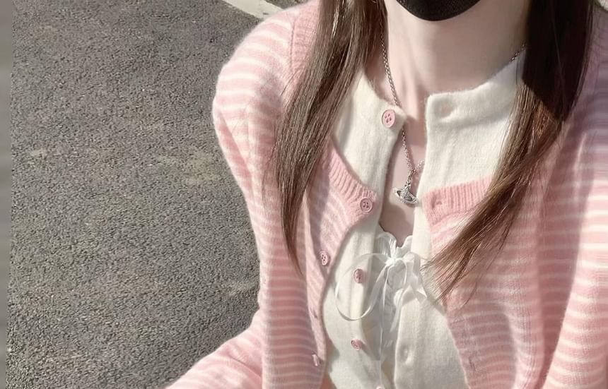 Round Neck Striped Mock Two Piece Cardigan / Ruffle Cami Top