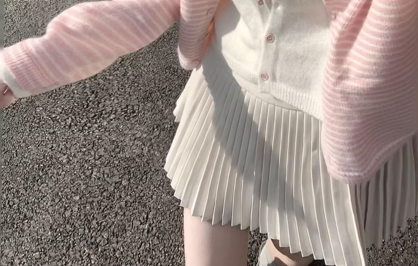 Round Neck Striped Mock Two Piece Cardigan / Ruffle Cami Top