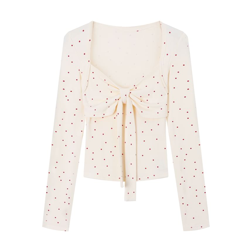 Round Neck Plain Button Up Cardigan / Long-Sleeve V-Neck Dotted Twisted Top / Lace Bra Top
