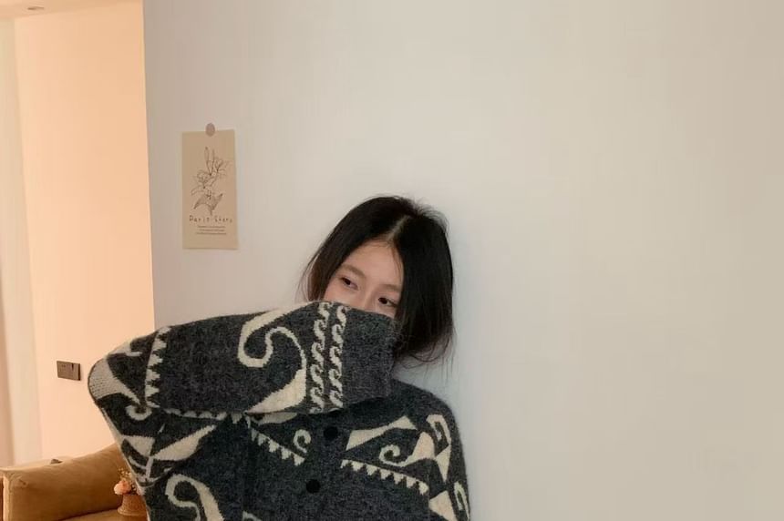 Stand Collar Jacquard Button-Up Cardigan