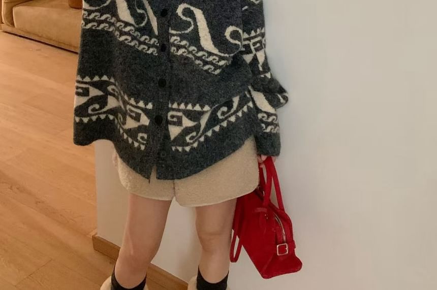 Stand Collar Jacquard Button-Up Cardigan