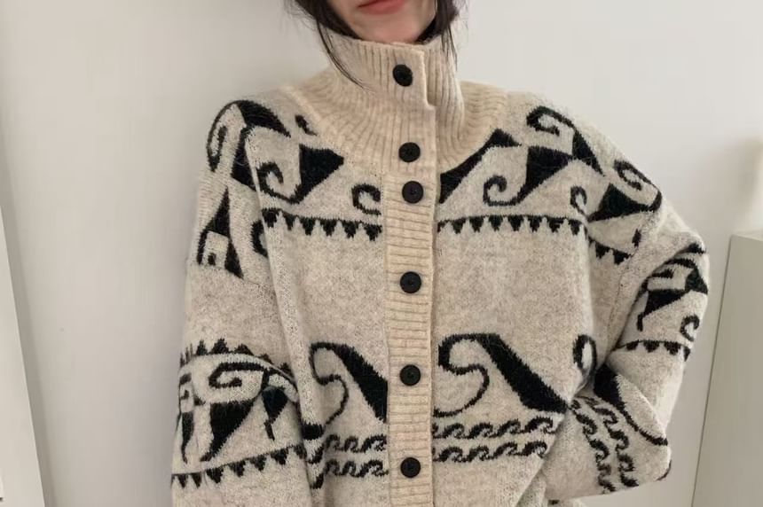 Stand Collar Jacquard Button-Up Cardigan