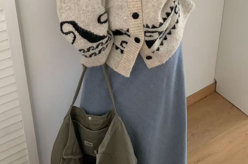 Stand Collar Jacquard Button-Up Cardigan