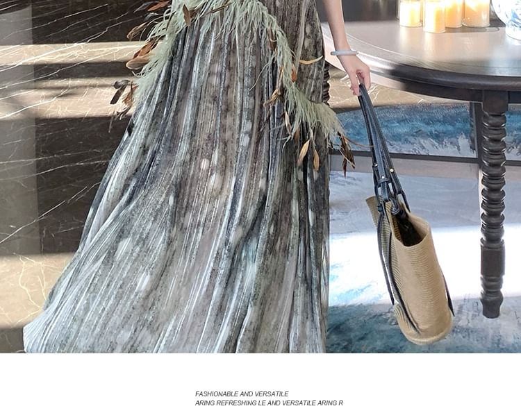 Long-Sleeve Round Neck Striped Maxi A-Line Dress