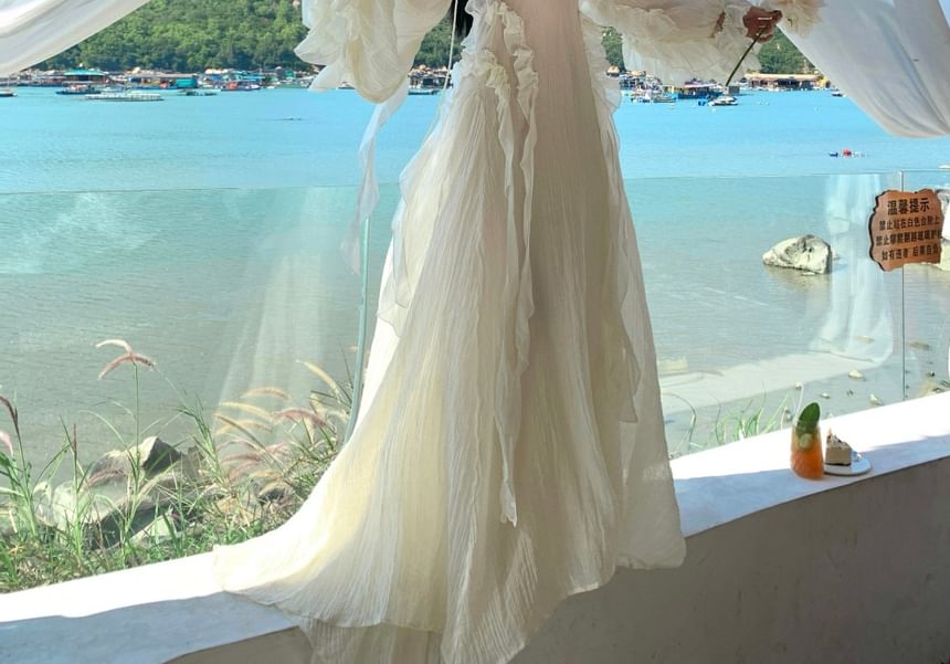 Long-Sleeve Off Shoulder Plain Ruffle Trim Maxi A-Line Dress