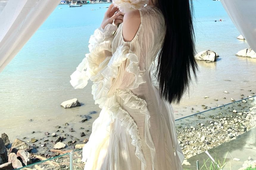 Long-Sleeve Off Shoulder Plain Ruffle Trim Maxi A-Line Dress