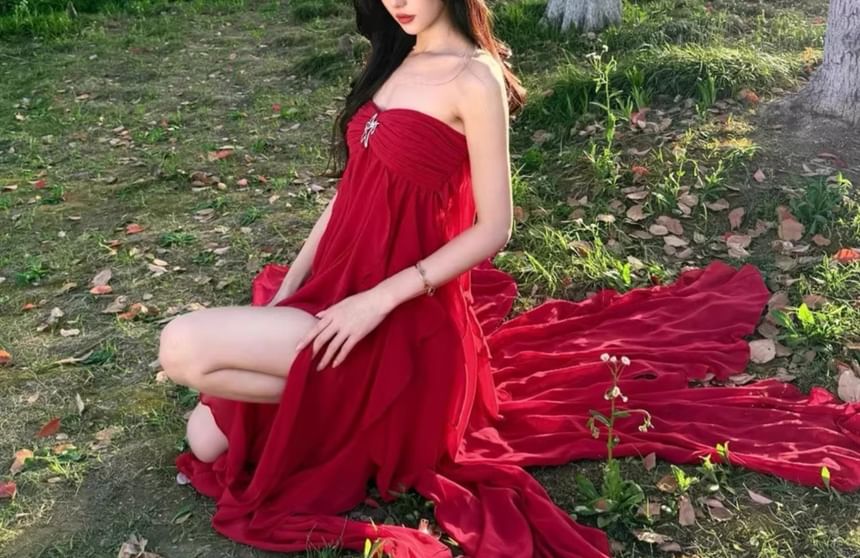 Strapless Plain Ruched Slit Maxi A-Line Dress