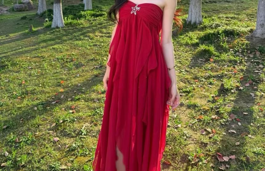 Strapless Plain Ruched Slit Maxi A-Line Dress