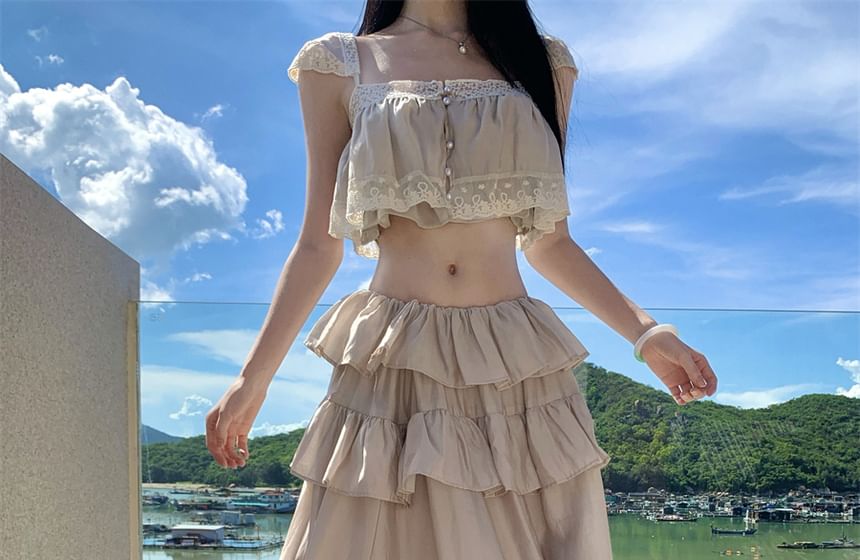 Camisole Crop Top and Ruffled Maxi A-Line Skirt Set