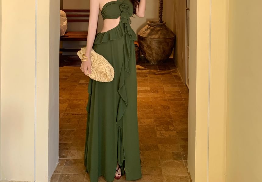 Halter Neck Plain Ruffle Trim Maxi A-Line Dress