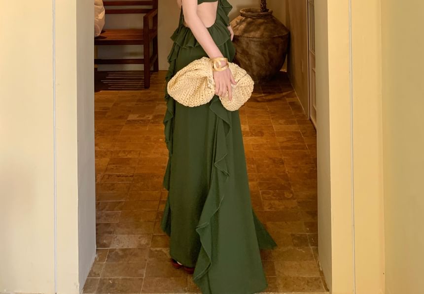 Halter Neck Plain Ruffle Trim Maxi A-Line Dress
