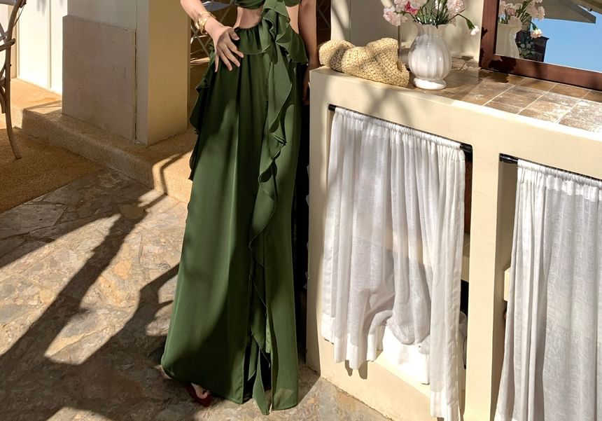 Halter Neck Plain Ruffle Trim Maxi A-Line Dress
