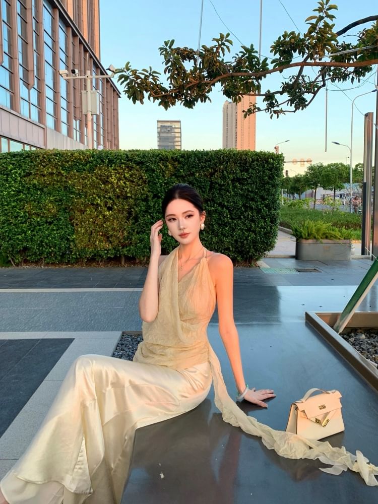 Halter Neck Camisole Top with Maxi A-Line Skirt Set